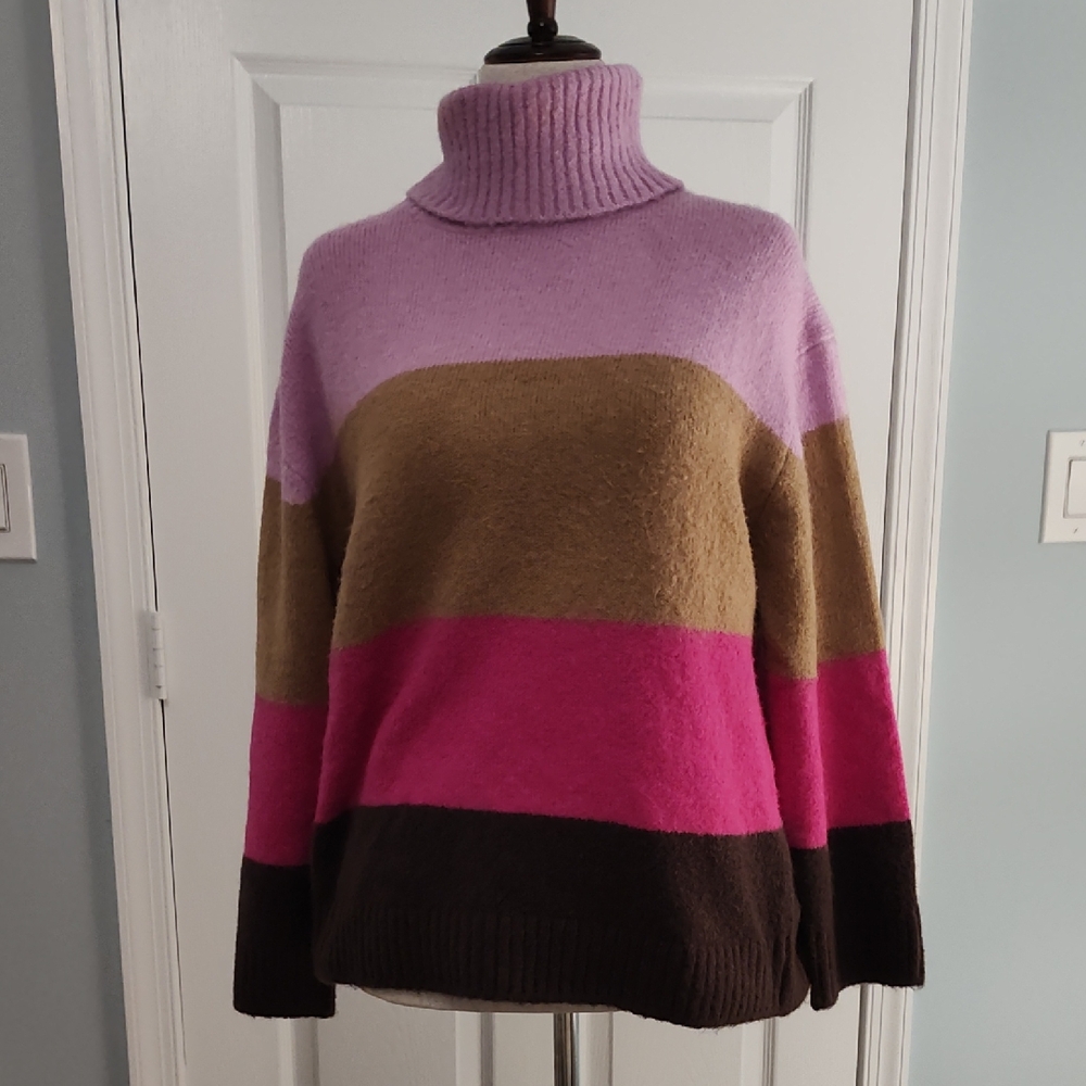 Ann Taylor Pink, Brown & Olive Striped Turtleneck Sweater